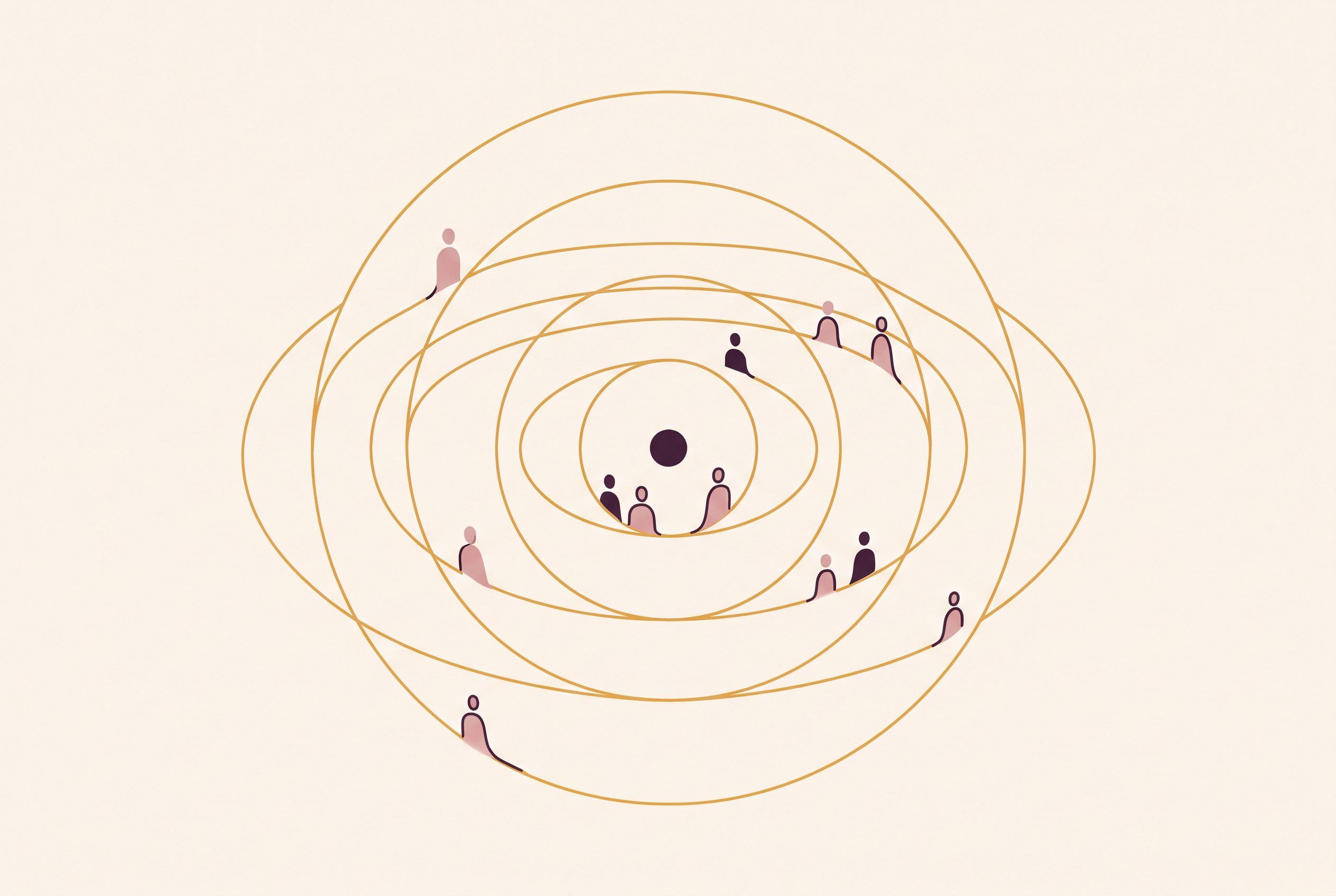 Trois cercles concentriques représentant le réseau proche, le local et le numérique